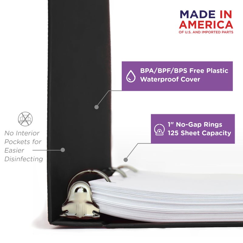 Carstens 1-Inch Heavy Duty 3-Ring Binder - Side Opening, Black, Durable Plastic, Precision No-Gap Rings, Waterproof Cover, No Pockets, Holds 125 US Letter Sheets, BPA-Free, Made in USA (8719-3R) - Image 2